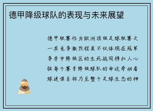 德甲降级球队的表现与未来展望