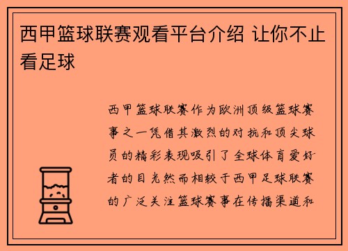 西甲篮球联赛观看平台介绍 让你不止看足球