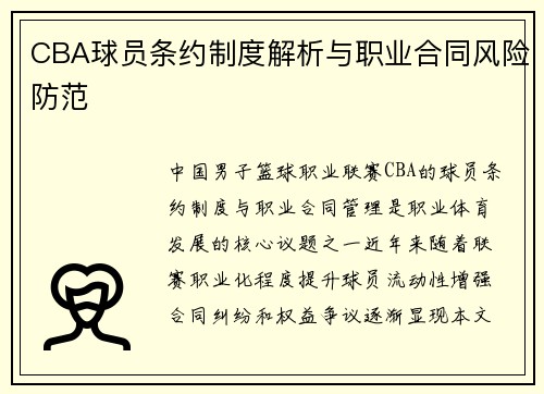 CBA球员条约制度解析与职业合同风险防范