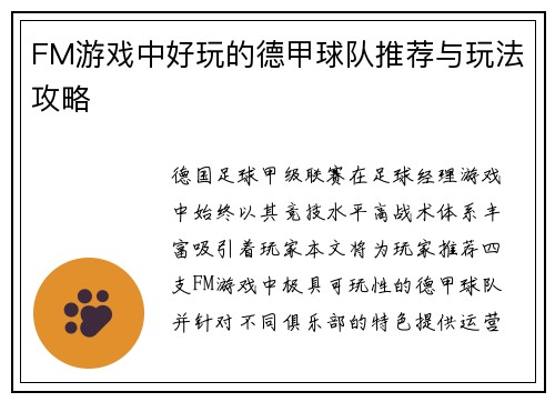FM游戏中好玩的德甲球队推荐与玩法攻略